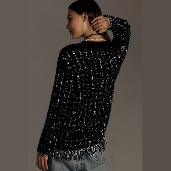 NEW Size S, M, L Anthropologie Button Tweed Fringe Cardigan Sweater, Black Motif - Picture 4 of 4
